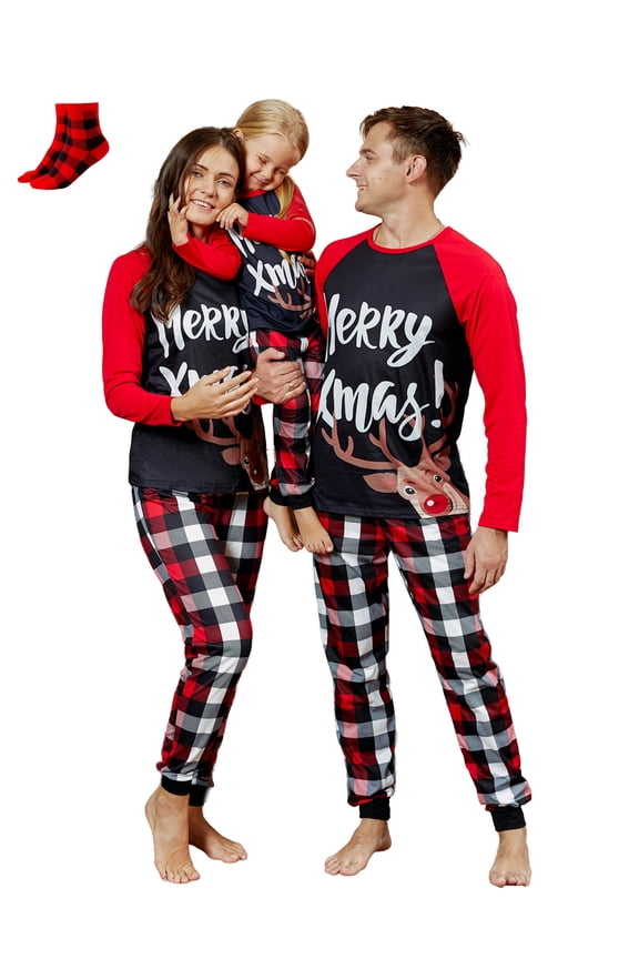 Christmas Pajamas Family Matching 2 Piece Couple Pjs Sets Letter & Deer Print Long Sleeve Top & Plaid Pants for Women Holiday Sleepwear with Socks, Black/Red, M
