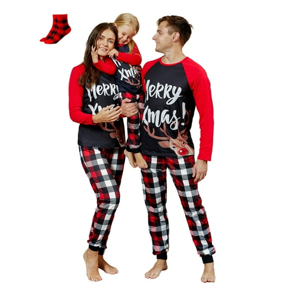 PatPat Christmas Pajamas Family Matching 2 Piece Couple Pjs Sets Letter & Deer Print Long Sleeve Top & Plaid Pants for Women Holiday Sleepwear with Socks, Black/Red, XL