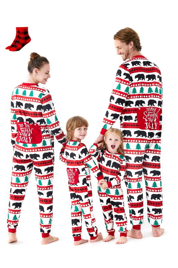 Christmas Pajamas Matching Family Mommy and Me Holiday Pjs for Baby Polar Bear Patterned One Piece Pajamas with Socks, 12-18 Months