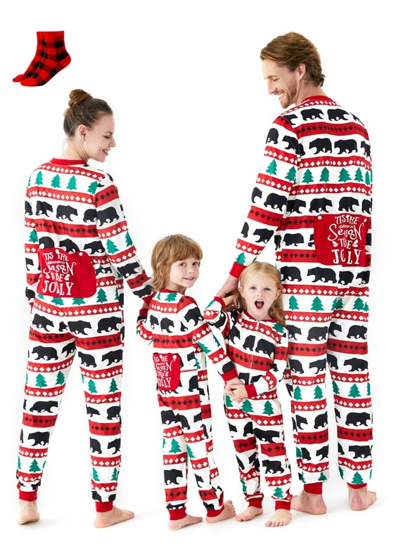Christmas Pajamas Matching Family Onesies Mommy and Me Couple Holiday Pjs for Women Polar Bear Patterned One Piece Sleepwear with Socks, M