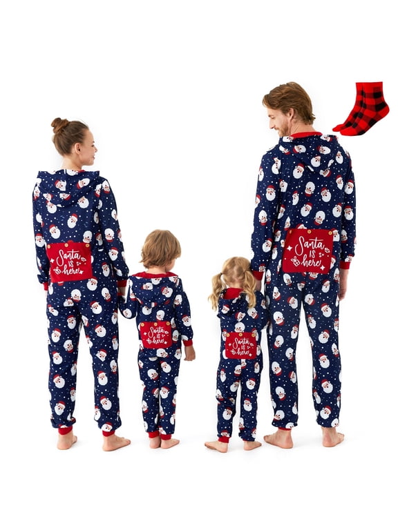 Christmas Pajamas for Women Matching Family Pajamas Hooded One Piece Long Sleeve Blue Santa PJs Women’s Loungwear Sleepwear with Socks WomenM