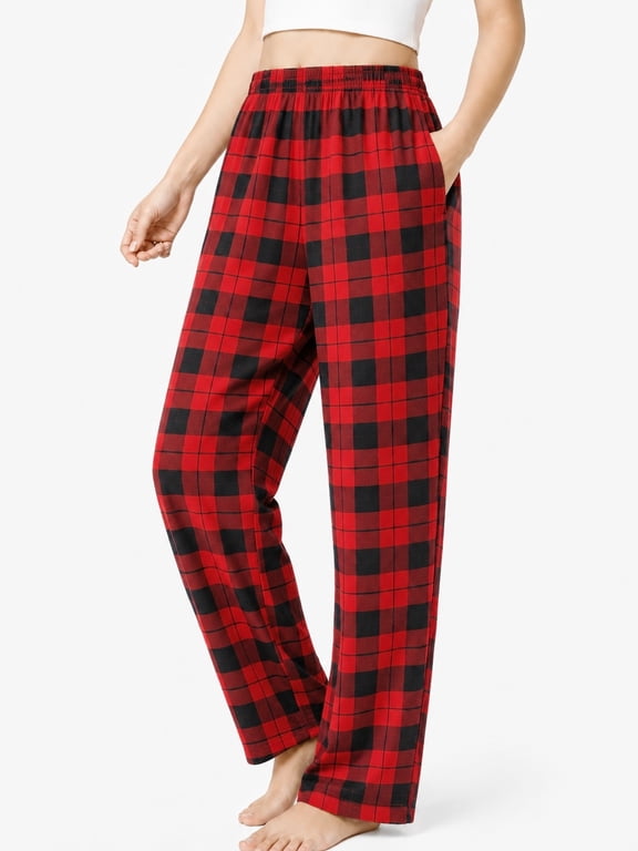 Christmas Pajamas Pants for Women Red Plaid PJ Pants Soft Lounge Pants Casual Sleep Bottom with Pockets, Black & Red, XL