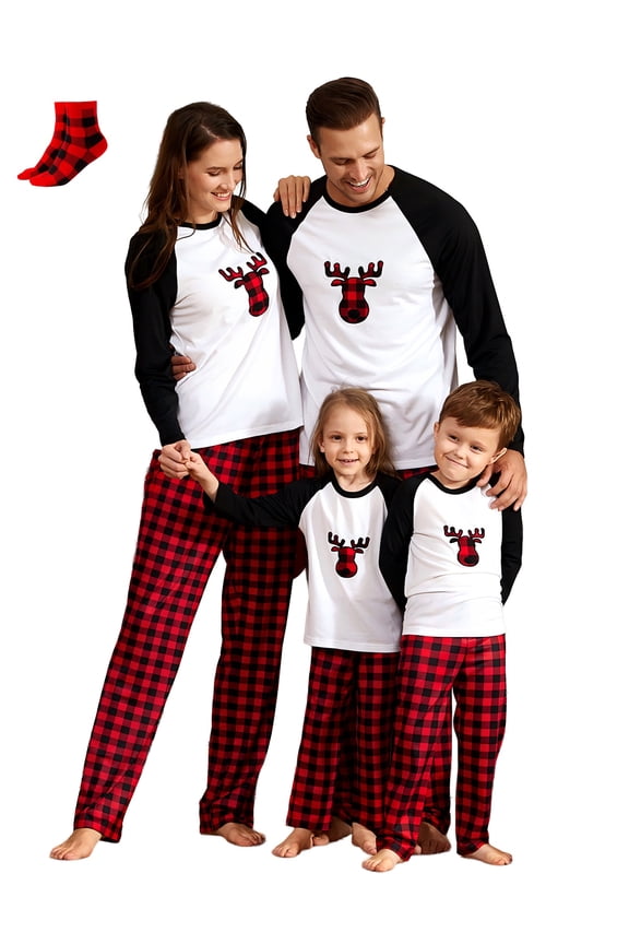Christmas Pajamas Family Matching 2 Piece Pjs Sets for Kids Girls Boys Deer Long Sleeve Top & Plaid Pants with Socks Holiday Sleepwear, Black/White, 2 Years