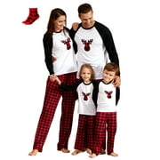 PATPAT Christmas Pajamas Family Matching 2 Piece Pjs Sets for Kids Girls Boys Deer Long Sleeve Top & Plaid Pants with Socks Holiday Sleepwear, Black/White, 6-7 Years