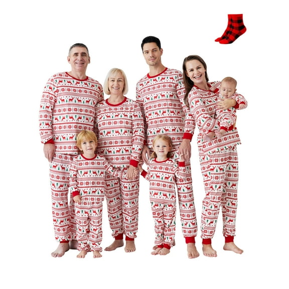 PatPat Christmas Pajamas for Couples Women 2 Piece Family Matching Holiday Pjs Set Long Sleeve Top & Pants Reindeer and Snowflake Sleepwear with Socks, Red, M