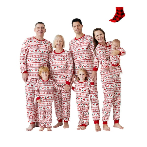 PatPat Christmas Pajamas for Couples Women 2 Piece Family Matching Holiday Pjs Set Long Sleeve Top & Pants Reindeer and Snowflake Sleepwear with Socks, Red, M