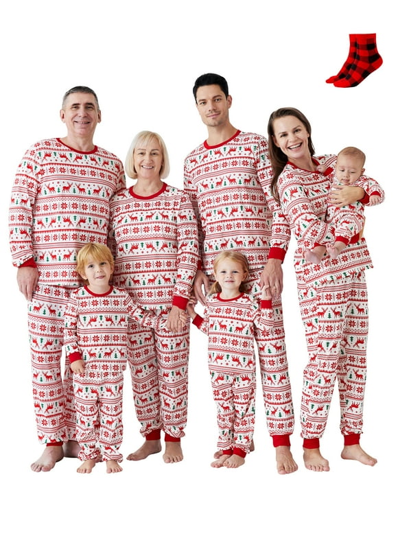 Christmas Pajamas for Couples Women 2 Piece Family Matching Holiday Pjs Set Long Sleeve Top & Pants Reindeer and Snowflake Sleepwear with Socks, Red, M