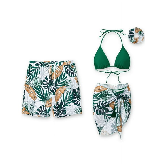 PatPat Bikini Sets For Women Bathing Suits Tropical Green Beach Coverup with Hair Accessories Matching Swimsuits for Couples Gifts