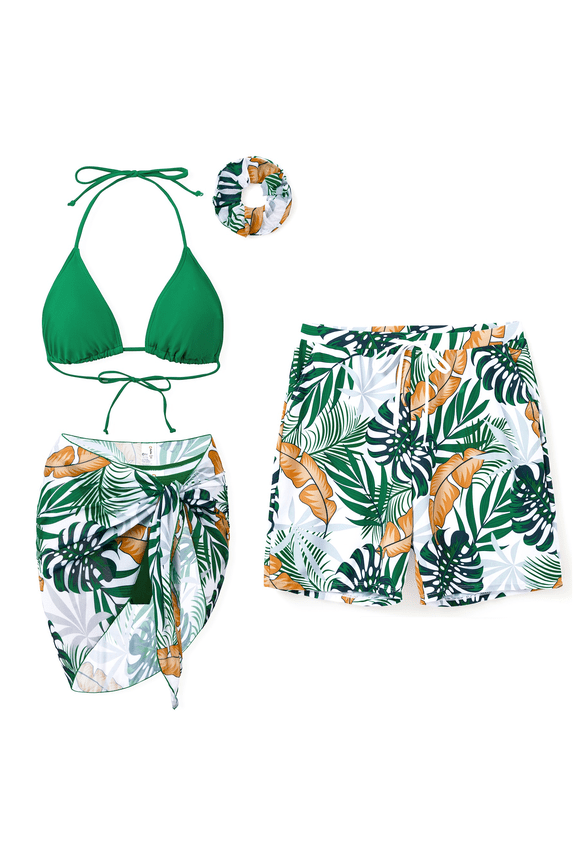Bikini Sets For Women Bathing Suits Tropical Green Beach Coverup with Hair Accessories Matching Swimsuits for Couples Gifts