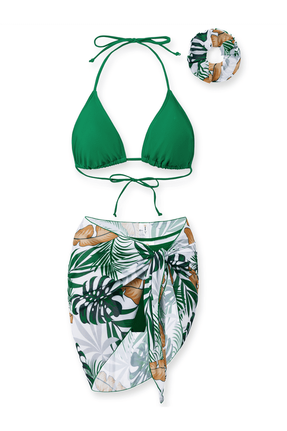 Bikini Sets For Women Bathing Suits Tropical Green Beach Coverup with Hair Accessories Matching Swimsuits for Couples Gifts