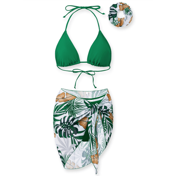 PatPat Bikini Sets For Women Bathing Suits Tropical Green Beach Coverup with Hair Accessories Matching Swimsuits for Couples Gifts