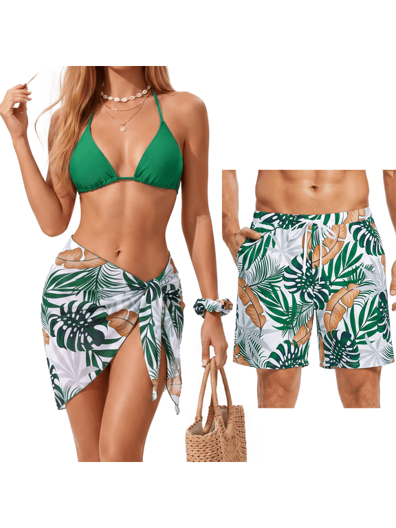Bikini Sets For Women Bathing Suits Tropical Green Beach Coverup with Hair Accessories Matching Swimsuits for Couples Gifts