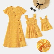 PatPat Dresses for Women 2024 Mommy and Me Allover Print Yellow Ruffle-sleeve Button Front Dresses Family Matching Outfits Mom and Me