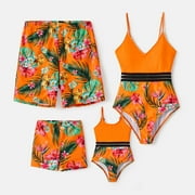 PATPAT Easter Mommy and Me Family Matching Floral Print Orange One-piece Swimsuit and Swim Trunks