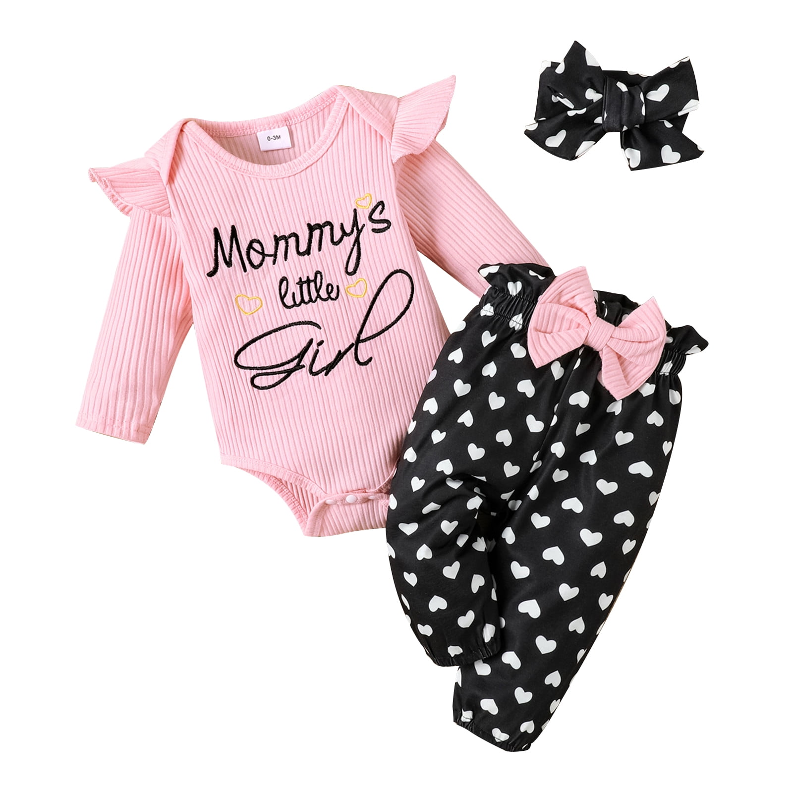 3pcs Baby Girl 95% Cotton Long-sleeve Rib Knit Letter Embroidered Romper and Allover Love Heart Print Pants with Headband Set