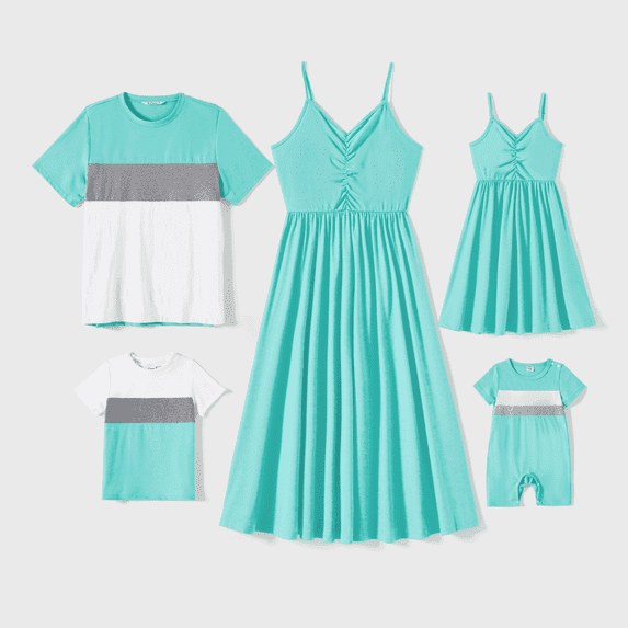 PatPat Family Matching 95% Cotton Solid V Neck Ruched Cami Dresses and Colorblock Short-sleeve Tee Sets Sky Blue Girl 2-9T