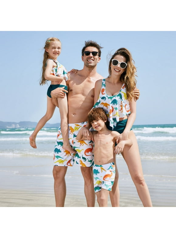 PatPat Family Matching All Over Multicolor Dinosaur Print Swim Trunks Shorts and Ruffle Two-Piece Swimsuit