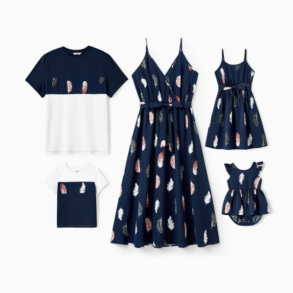 PatPat Family Matching Allover Feather Print Belted Cami Dresses and Short-sleeve Spliced Tee Sets Girl 2-9T