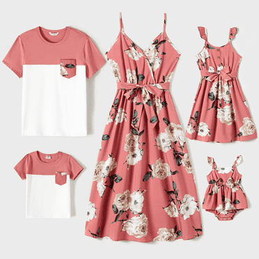 PatPat Family Matching Mommy and Me Allover Floral Print Belted Slip Dresses, Pink, Girl 8-9 Years