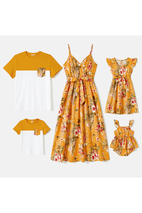 Family Matching Graphic Tees Mommy and Me Short-sleeve Colorblock T-shirts, Yellow, Boy 6-7 Years