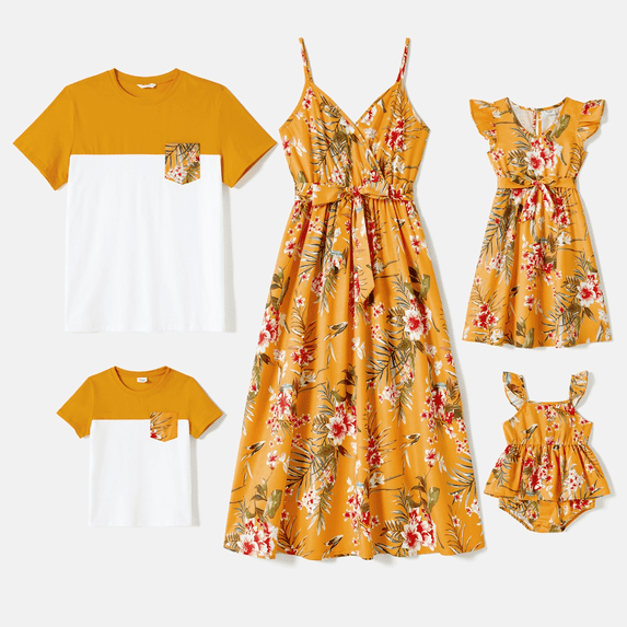 PatPat Family Matching Mommy and Me Allover Floral Print Belted Strappy Dresses and Short-sleeve Colorblock T-shirts Sets, Yellow, Mom XL