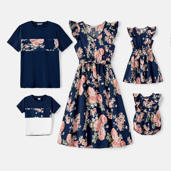 PatPat Family Matching Allover Floral Print Flutter-sleeve Belted Dresses Sets, Navy Blue, Baby Girl: 9-12M