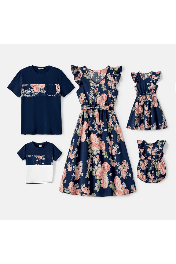Family Matching Allover Floral Print Flutter-sleeve Belted Dresses Sets, Navy Blue, Baby Girl: 9-12M