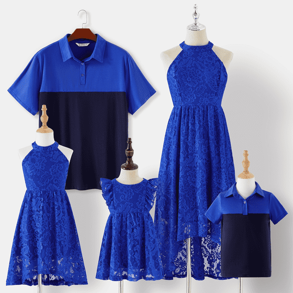 PatPat Family Matching Blue Lace Halter Sleeveless Dresses and Colorblock Short-sleeve Polo Shirts Sets, Blue, Girl 2 Years