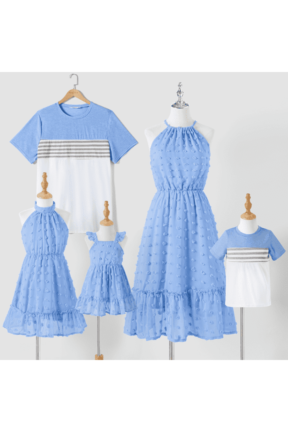 Family Matching Blue Swiss Dot Textured Halter Neck Sleeveless Dresses, Light Blue, Girl 2 Years