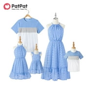 PatPat Family Matching Blue Swiss Dot Textured Halter Neck Sleeveless Dresses and Short-sleeve Striped Colorblock T-shirts Sets,Clearance