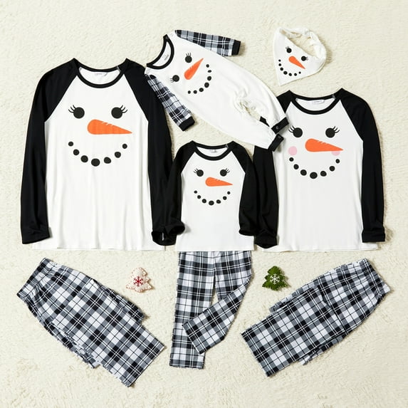 PatPat Family Matching Christmas Carrot Snowman Print Plaid Pajamas Sets,Flame Resistant,2-piece,Sizes Baby-Kids-Adult,Unisex