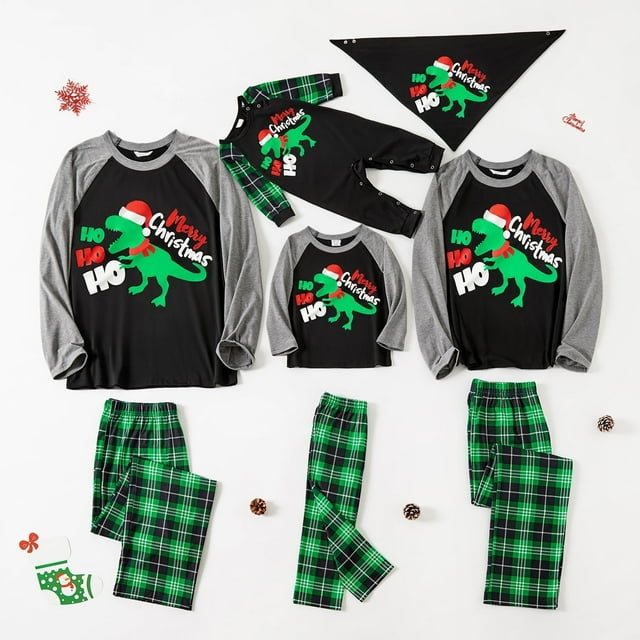 PatPat Family Matching Christmas Dinosaur and Green Plaid Print Long