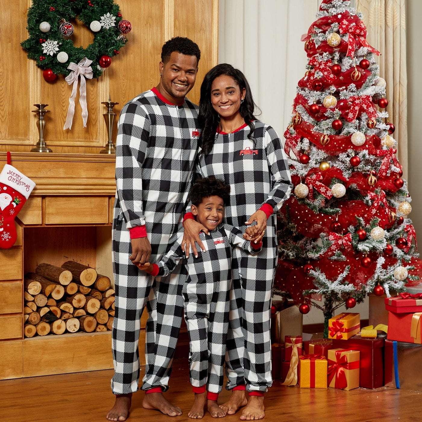 PatPat Family Matching Christmas Pajamas Plaid Onesies,Classic Black and  White Plaid Jumpsuit Sleepwear Front Zipper Casual Comfy Loungewear Dog  Bandana,Holiday Xmas Cards Pictures(Flame resistant) 