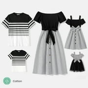 PatPat Family Matching Cotton Striped Short-sleeve T-shirts and Off Shoulder Belted Spliced Dresses