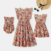 PatPat Family Matching Dress Mommy and Me Outfits Allover Floral Print Ruffle-sleeve V Neck Dresses for Girl and Women,Clearance