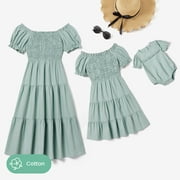 PatPat Family Matching Dresses AquaToddler Girl 4-5T Mommy and Me Cotton Puff Sleeve Flutter Trim Elastic Neck Shirred Flowy Tiered Tiny Plaid Dresses, Girl Dresses