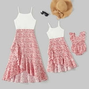 PatPat Family Matching Dresses Baby Girl 3-6 Months Mommy and Me Cotton Ribbed Spliced Floral Print Ruffle Trim Tulip Hem Cami Dresses