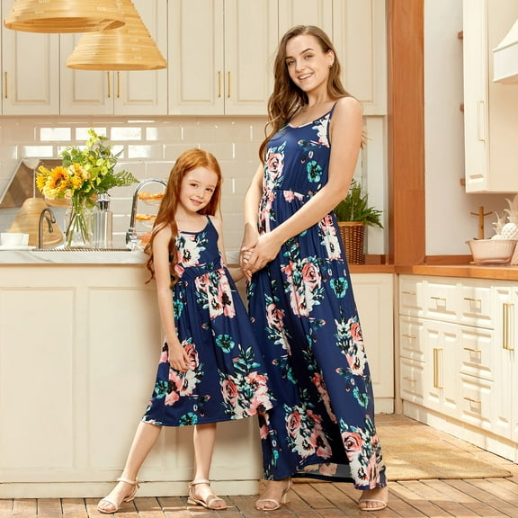 PatPat Family Matching Dresses Blue Baby Girl 0-3 Months Dark Blue Floral Print Matching Maxi Sling Dresses