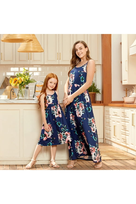 Family Matching Dresses Blue Baby Girl 0-3 Months Dark Blue Floral Print Matching Maxi Sling Dresses