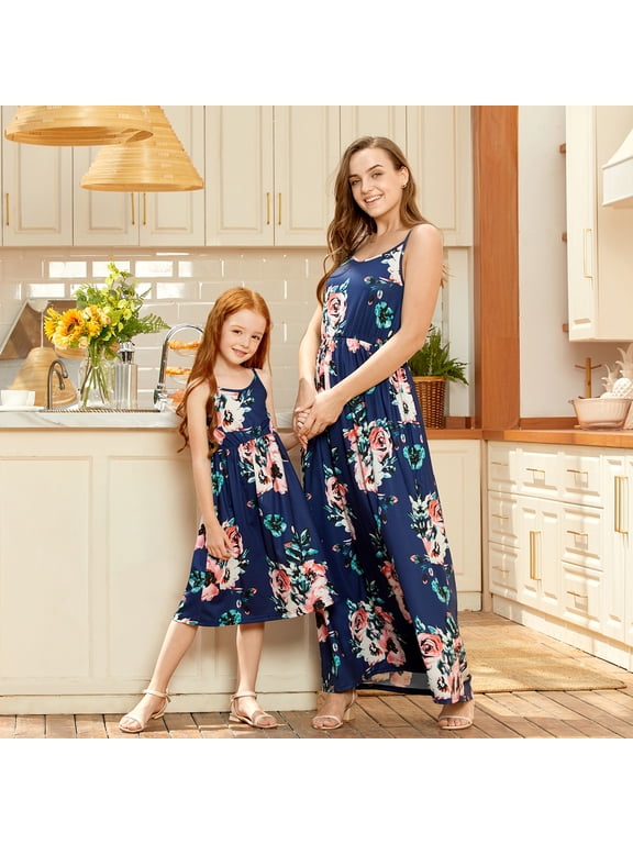 Family Matching Dresses Blue Baby Girl 0-3 Months Dark Blue Floral Print Matching Maxi Sling Dresses