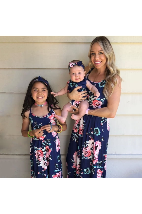 Family Matching Dresses Blue Baby Girl 3-6 Months Dark Blue Floral Print Matching Maxi Sling Dresses