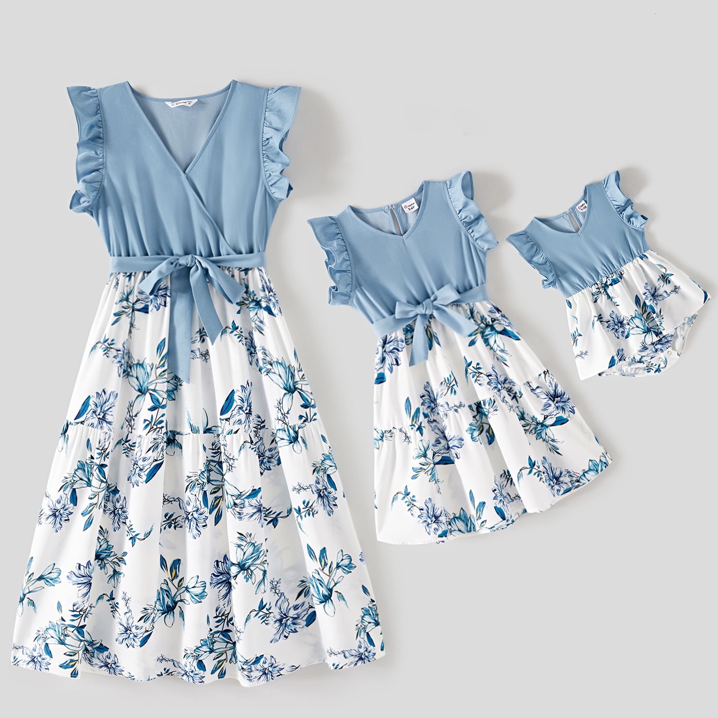 Family Matching Light Blue V Neck Flutter-sleeve Splicing Floral Print Irregular Hem Dresses and Striped T-shirts Sets