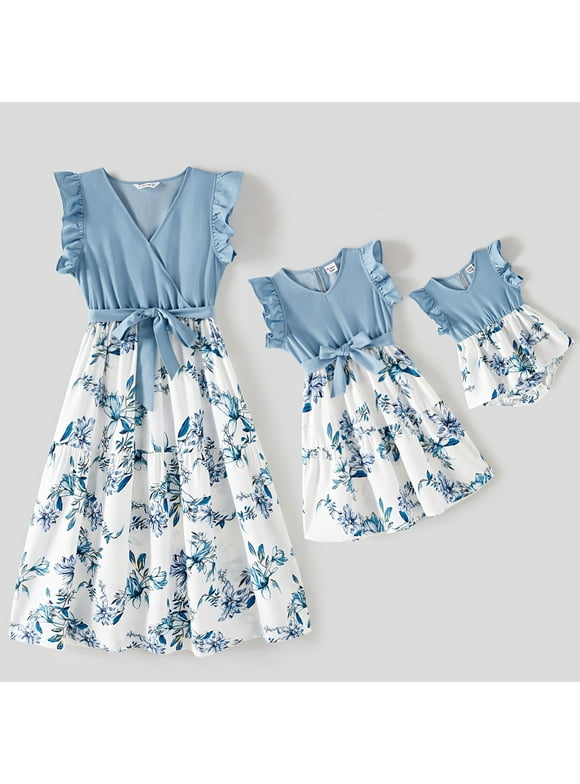 PatPat Family Matching Dresses Blue Kids Girl 6-7T Mommy and Me Floral Print Spliced Solid V Neck Ruffle Trim Sleeveless Dresses, Girl Dresses