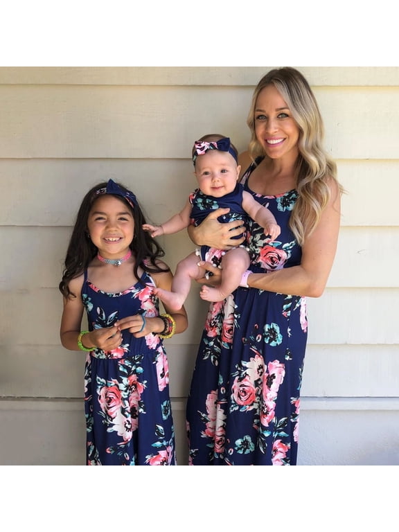 Family Matching Dresses Blue Toddler Girl 3-4T Dark Blue Floral Print Matching Maxi Sling Dresses, Girl Dresses