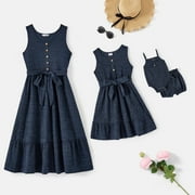 PatPat Family Matching Dresses Blue Toddler Girl 3-4T Mommy and Me Dark Blue Button Front Sleeveless Belted Dresses, Girl Dresses