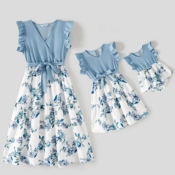 PatPat Family Matching Dresses Blue Women XL Mommy and Me Floral Print Spliced Solid V Neck Ruffle Trim Sleeveless Dresses, Women Dress