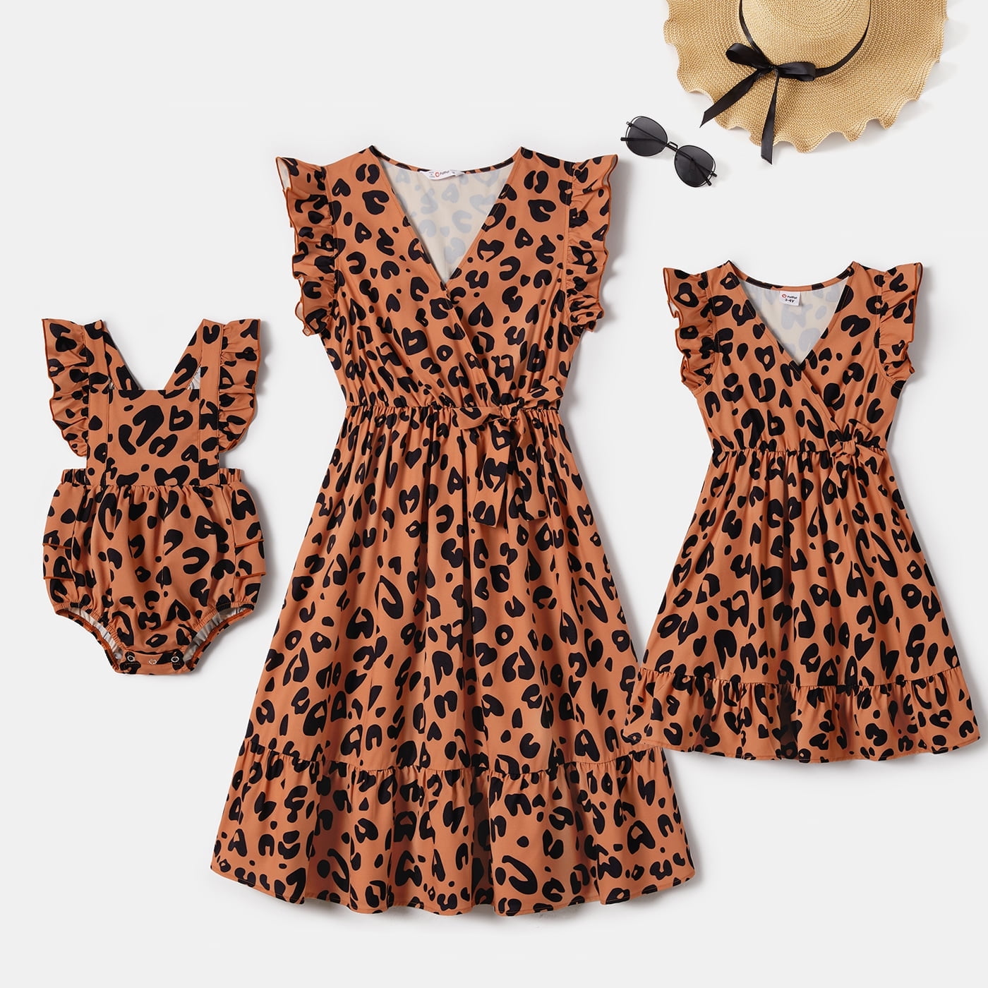 PatPat Family Matching Dresses Brown Baby Girl 12-18M Mommy and Me Allover Leopard Print Bow Side Decor Flutter-sleeve Wrap Dresses