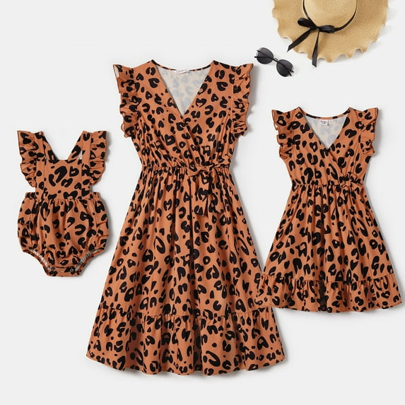 PatPat Family Matching Dresses Brown Kids Girl 8-9T Mommy and Me Allover Leopard Print Bow Side Decor Flutter-sleeve Wrap Dresses, Girl Dresses