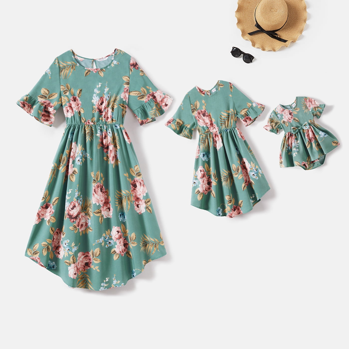 PatPat Mommy and Me Summer Dresses, Green Floral Print Ruffle Halfsleeve Outfit for Mother and