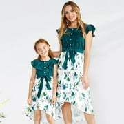 PATPAT Family Matching Dresses Green Women XL Dark Green Matching Floral Stitching Midi Dresses, Women Dress